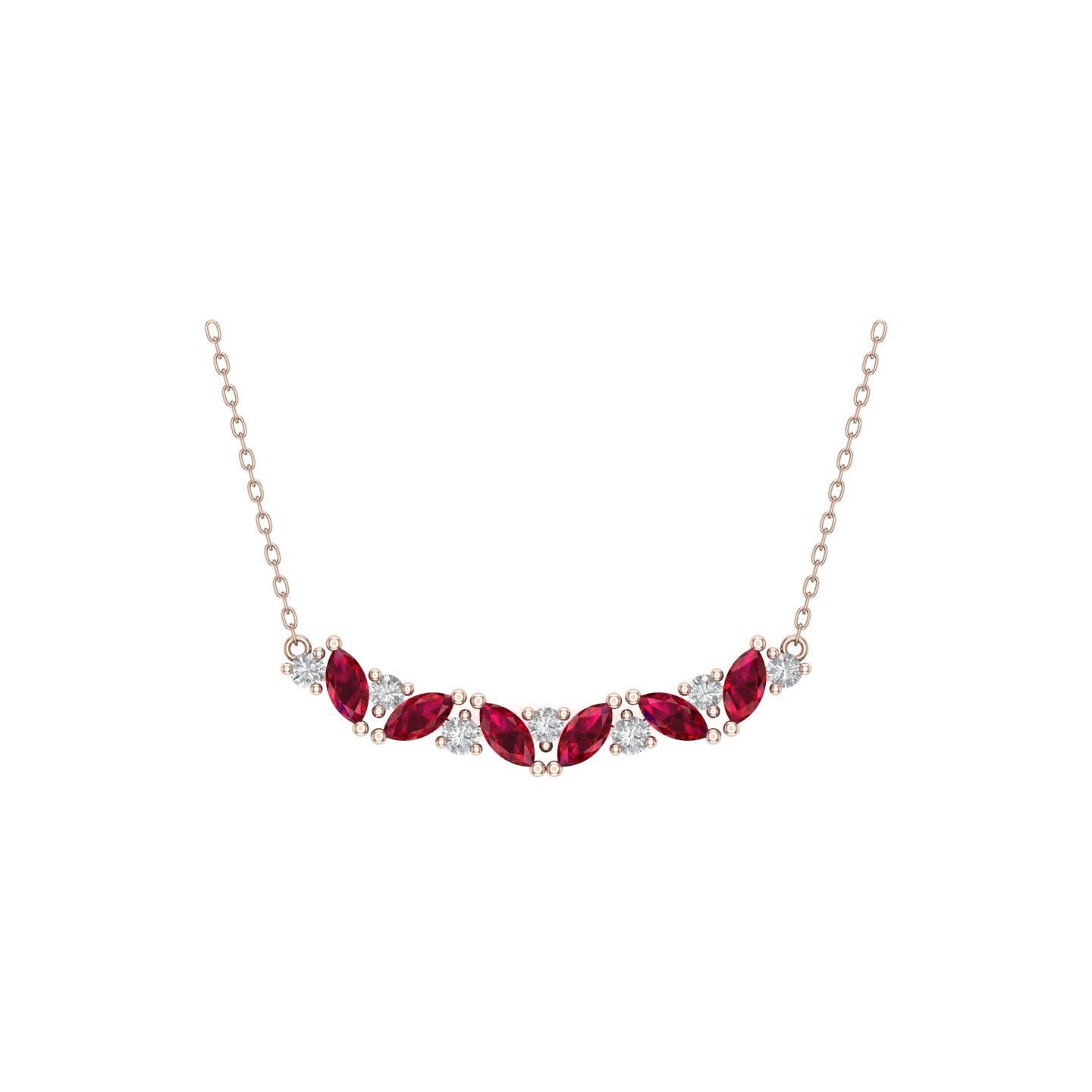 Solid Gold Marquise Ruby and Diamond Bar Necklace