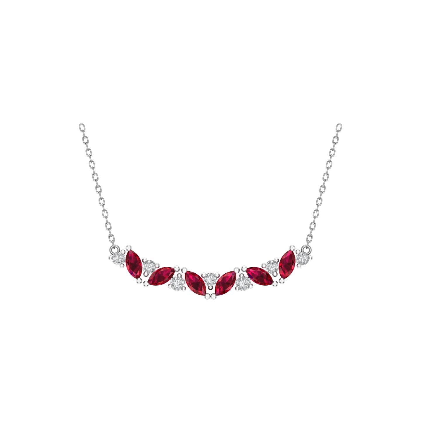 Solid Gold Marquise Ruby and Diamond Bar Necklace