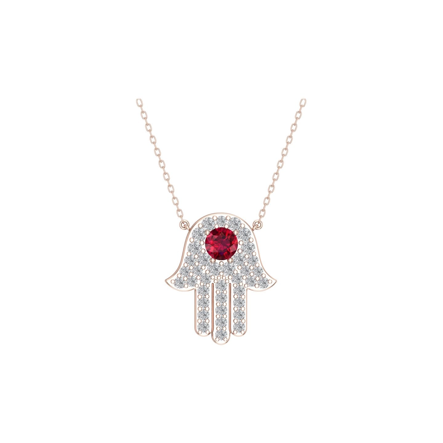 Solid Gold Diamond and Ruby Hamsa Necklace