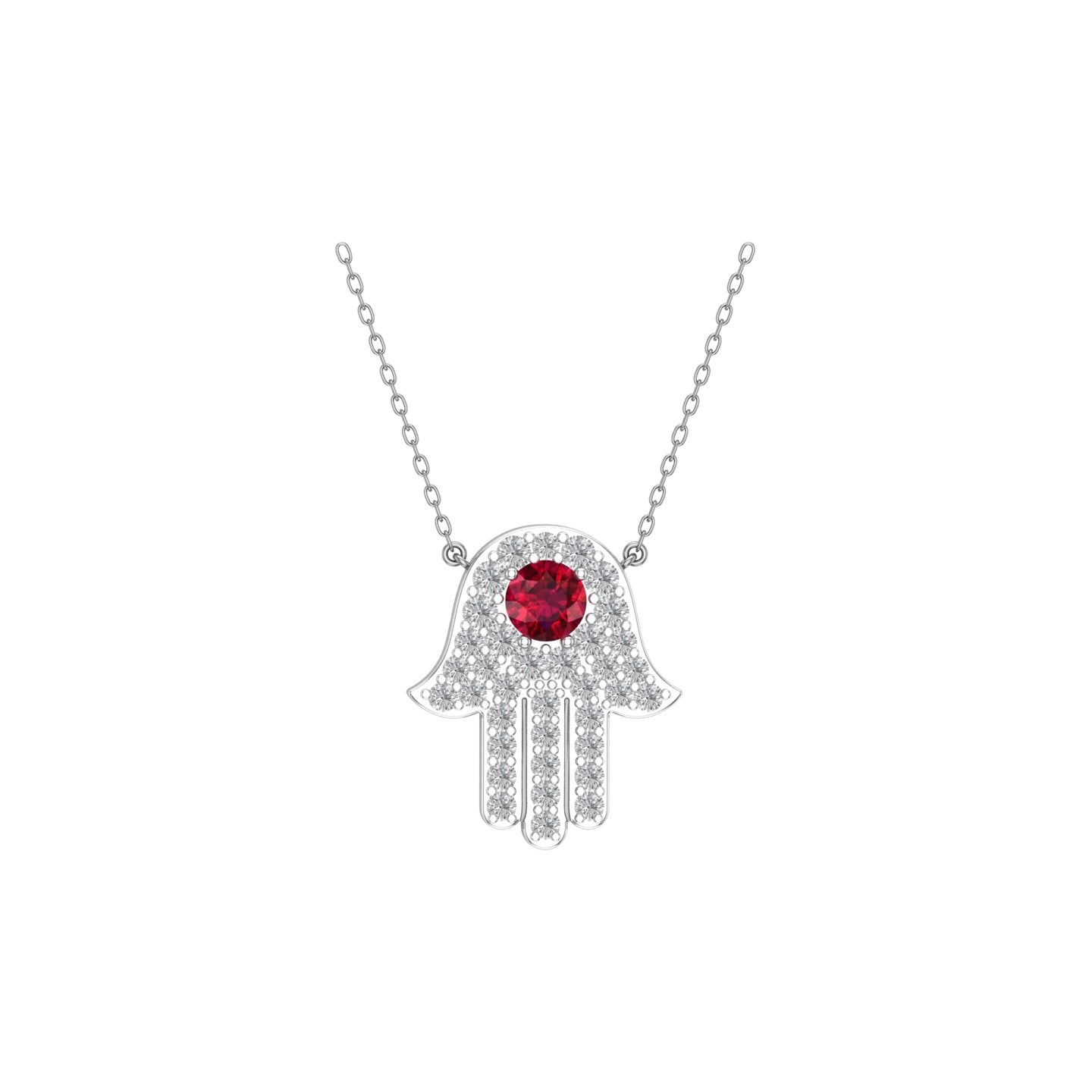 Solid Gold Diamond and Ruby Hamsa Necklace