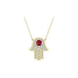 Solid Gold Diamond and Ruby Hamsa Necklace