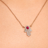 Solid Gold Diamond and Ruby Hamsa Necklace