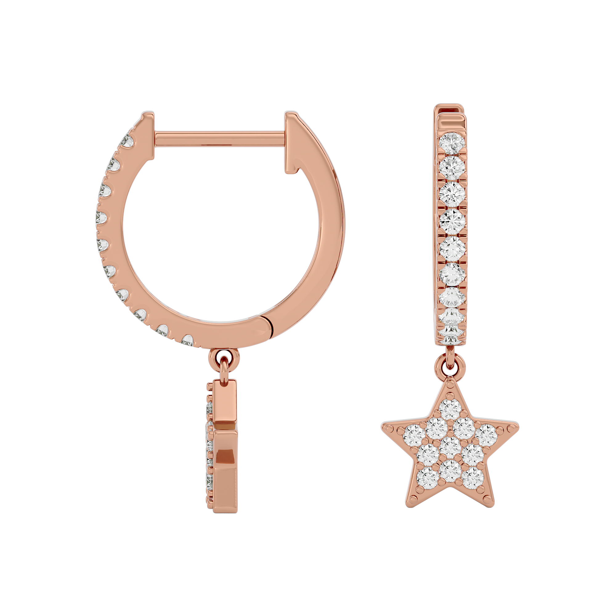 Solid Gold Diamond Star Dangle Huggie Earrings