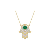 Solid Gold Diamond and Emerald Hamsa Necklace