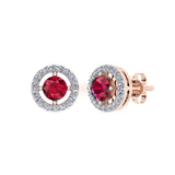 Solid Gold Ruby Diamond Halo Stud Earrings