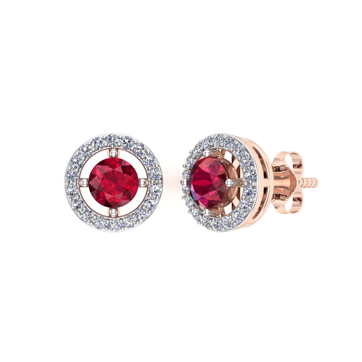 Solid Gold Ruby Diamond Halo Stud Earrings