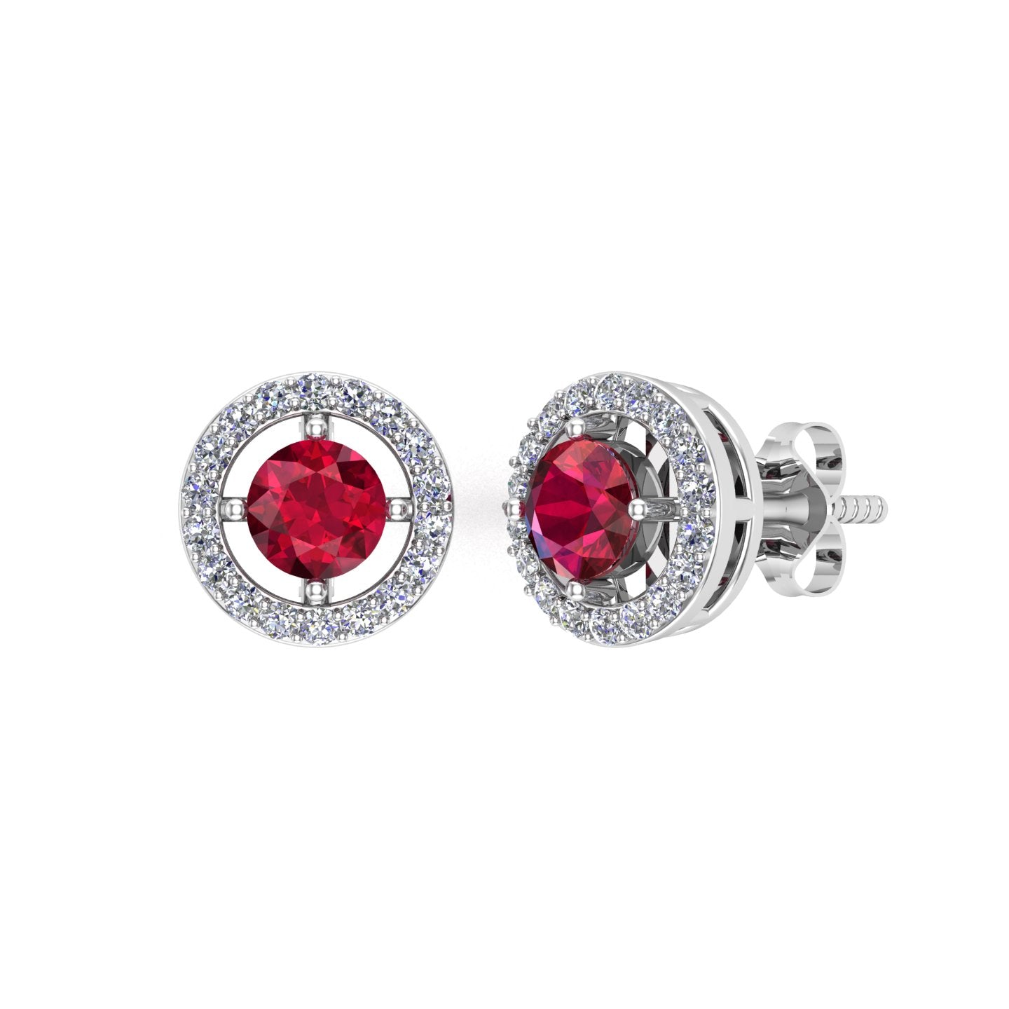 Solid Gold Ruby Diamond Halo Stud Earrings