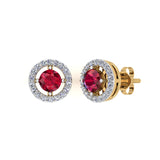 Solid Gold Ruby Diamond Halo Stud Earrings