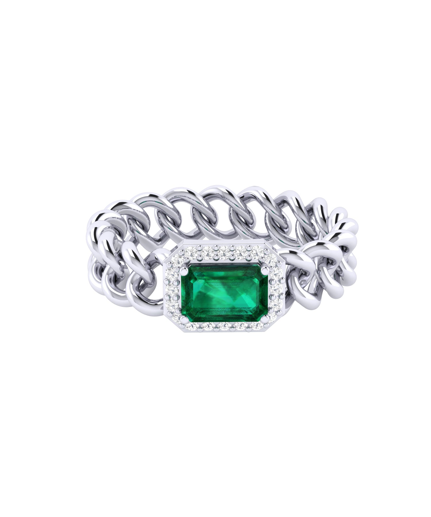 Solid Gold Emerald Diamond Chain Link Ring