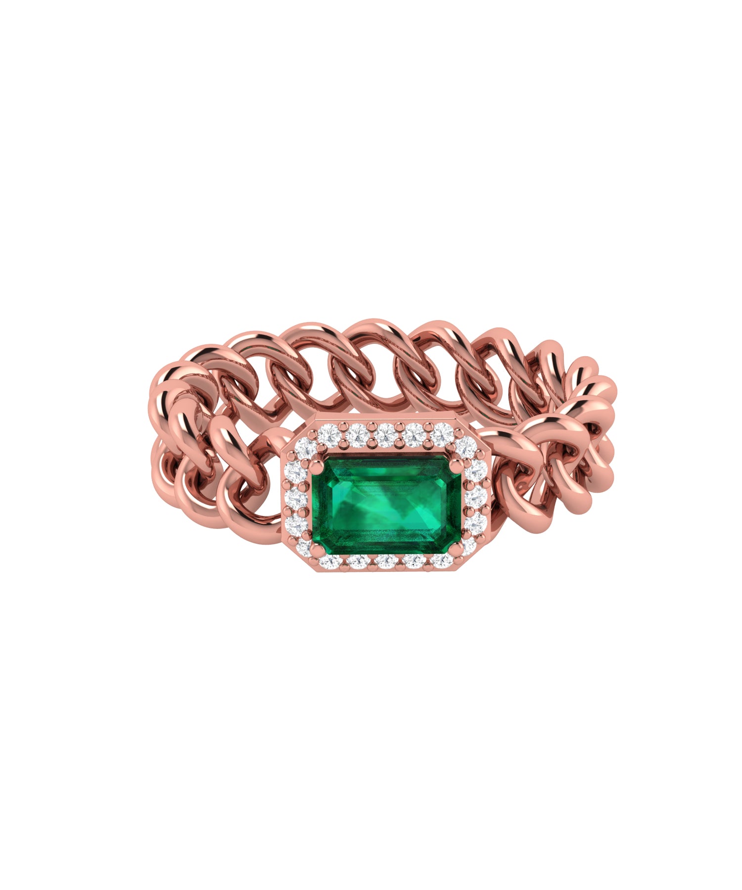 Solid Gold Emerald Diamond Chain Link Ring