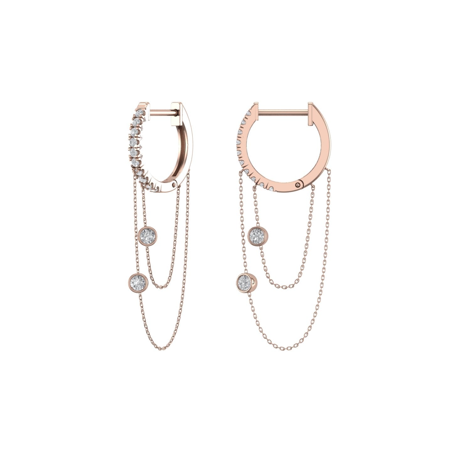 Solid Gold Diamond Huggie Chain Earrings